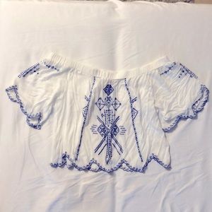 Off the Shoulder Cropped Blouse M Blue & White